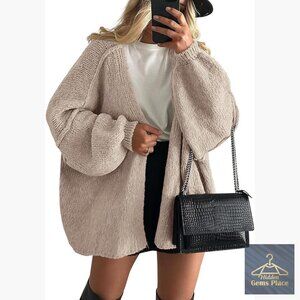 Oversized Cardigan Lightweight Knit Open Front Lantern Sleeve Sweater